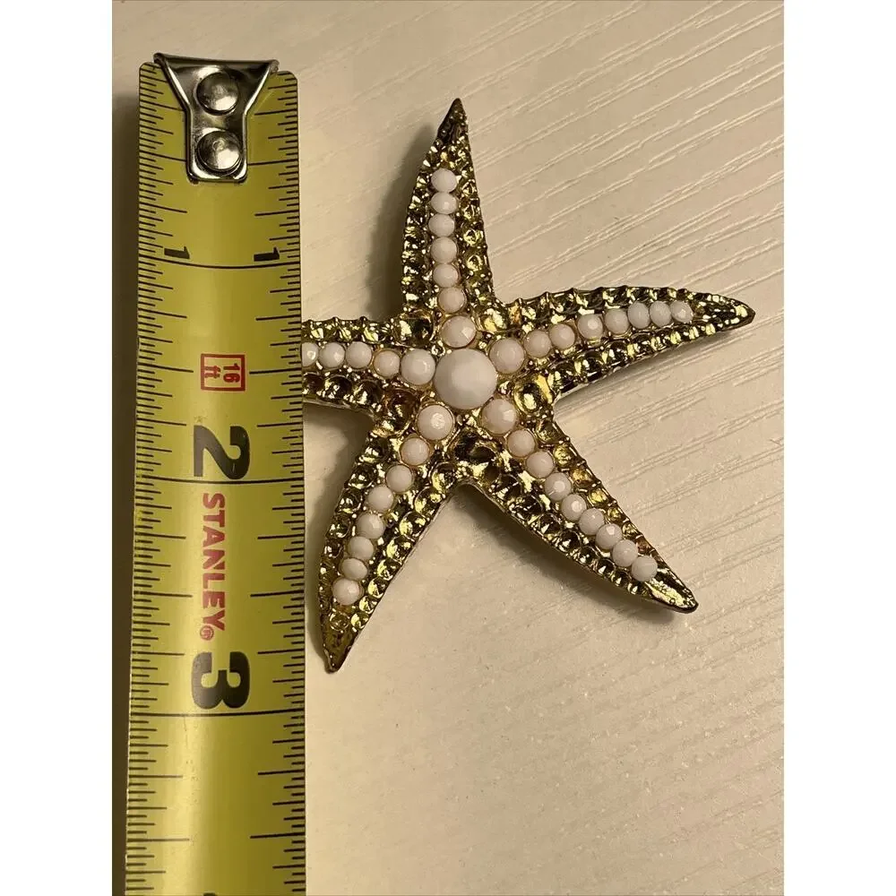 Vintage Gold Tone Starfish Brooch White Rhinestones Beach Coastal Pin